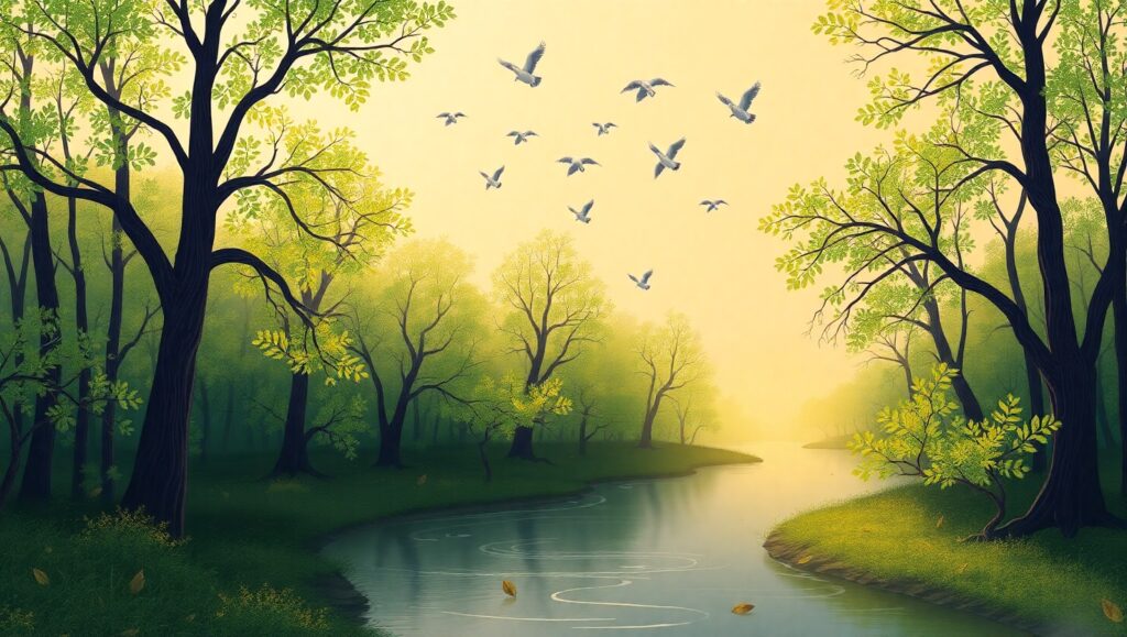 Tranquil Forest Line Art Scene – free AI stock image