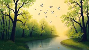 Tranquil Forest Line Art Scene – free AI stock image