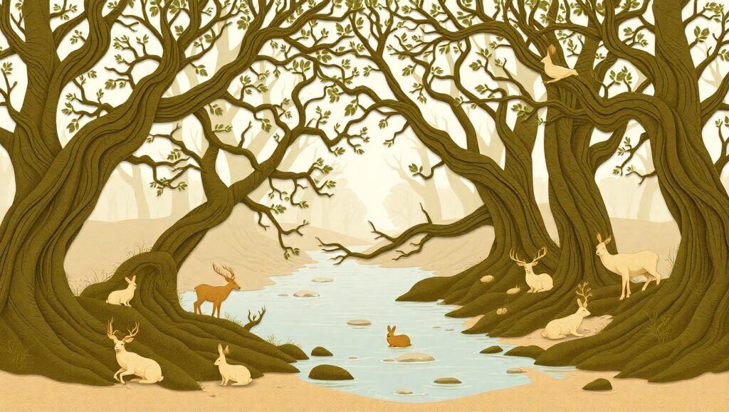 Tranquil Forest River in Woodcut Style – free AI stock image