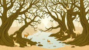 Tranquil Forest River in Woodcut Style – free AI stock image