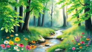 Tranquil Forest Stream in Watercolor – free AI stock image