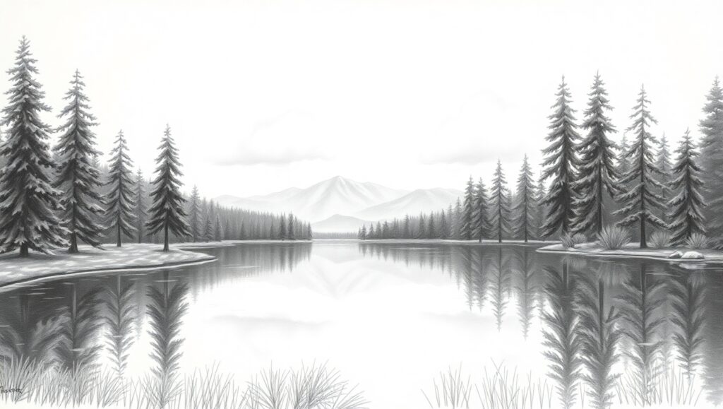 Tranquil Lake Among Tall Pines – free AI stock image