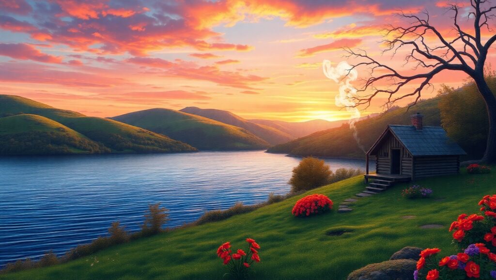 Tranquil Lake at – free AI stock image