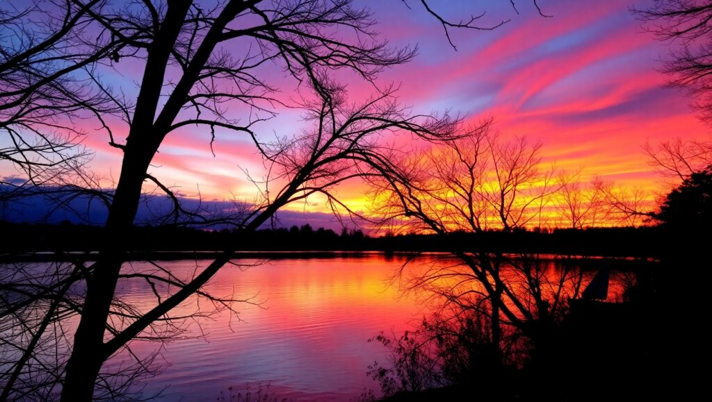 Tranquil Lake at Sunset – free AI stock image