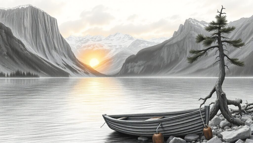 Tranquil Lake at Sunset szZ – free AI stock image