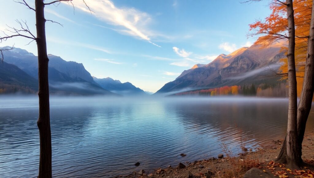 Tranquil Lake in Autumn Mountains – free AI stock image
