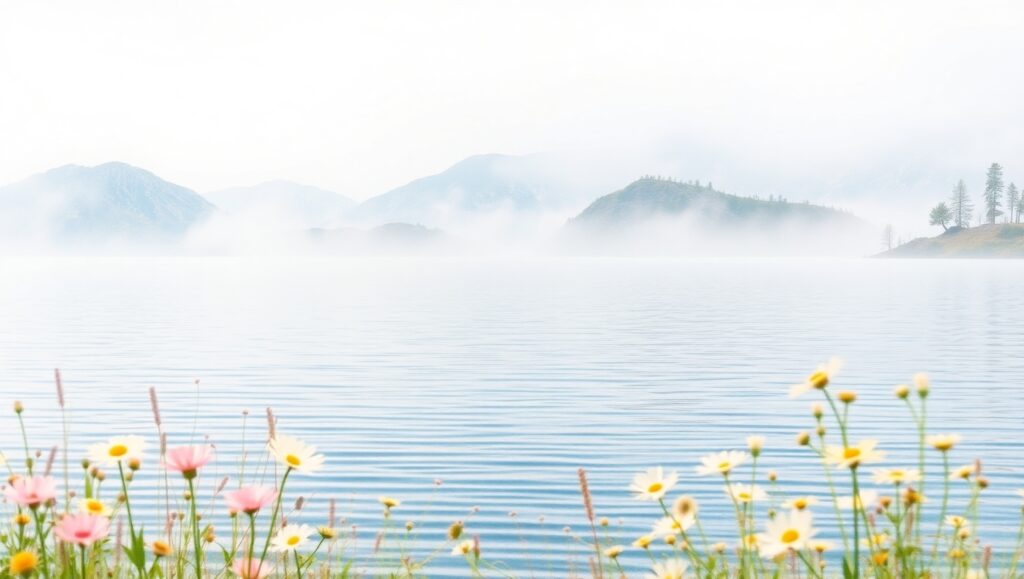 Tranquil Lake in Misty Mountains – free AI stock image