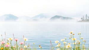 Tranquil Lake in Misty Mountains – free AI stock image