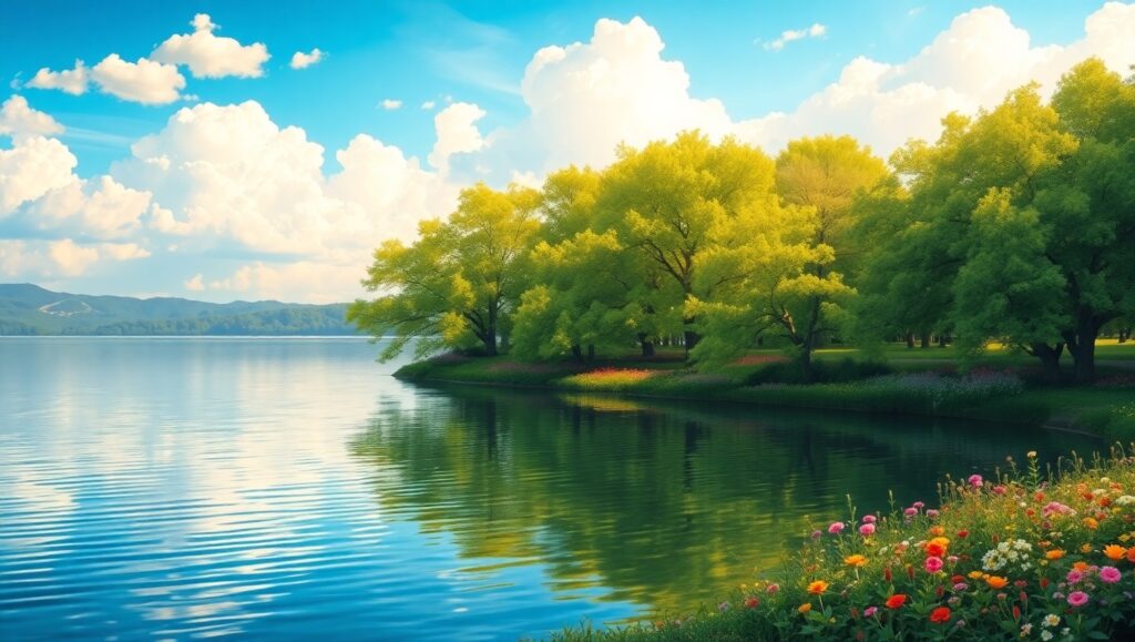 Tranquil Lake in Pointillism Style – free AI stock image