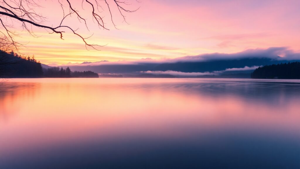 Tranquil Lake Sunset Capture – free AI stock image