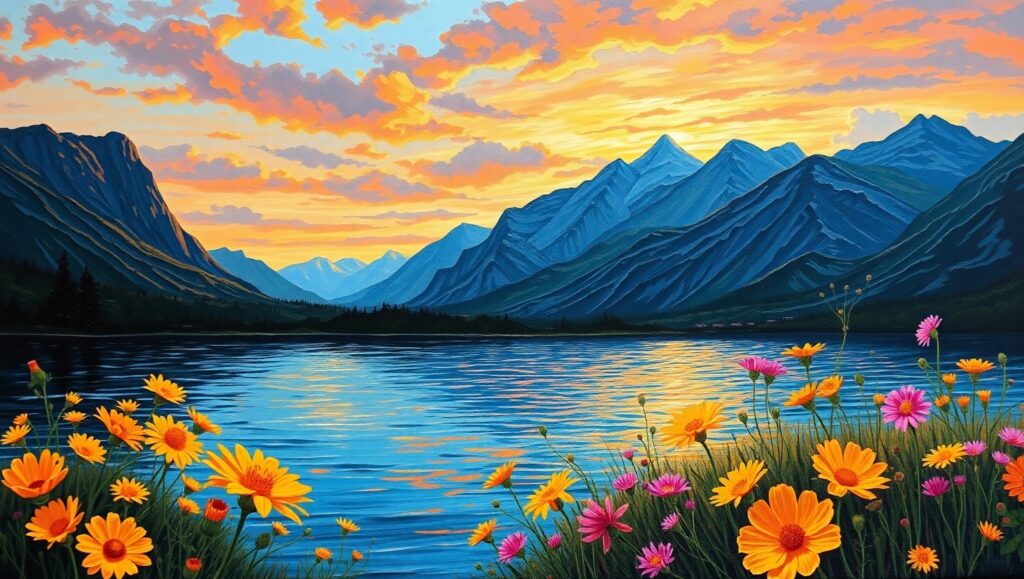 Tranquil Lake with Vibrant Wildflowers – free AI stock image