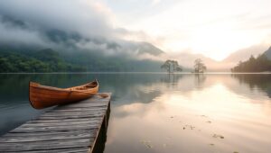 Tranquil Lakeside Dawn Scene qYY – free AI stock image