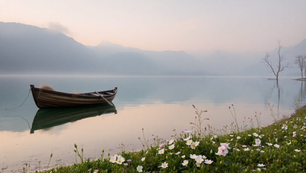 Tranquil Lakeside Dawn Sketch – free AI stock image