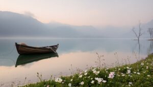 Tranquil Lakeside Dawn Sketch – free AI stock image