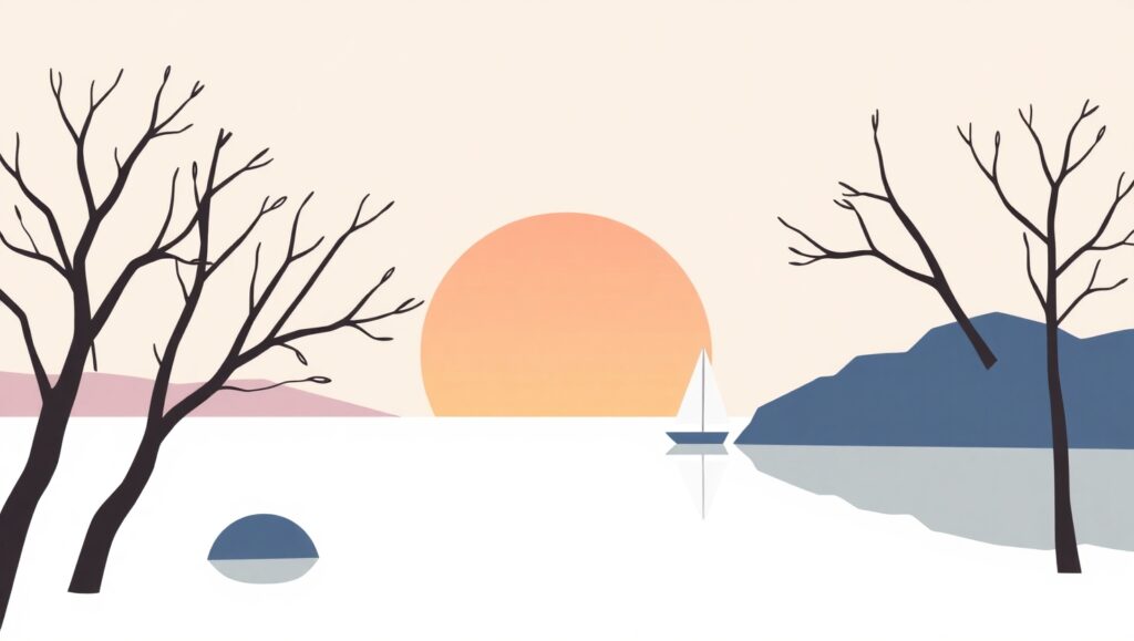 Tranquil Lakeside in Flat Design – free AI stock image