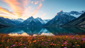 Tranquil Lakeside Sunset Serenity – free AI stock image