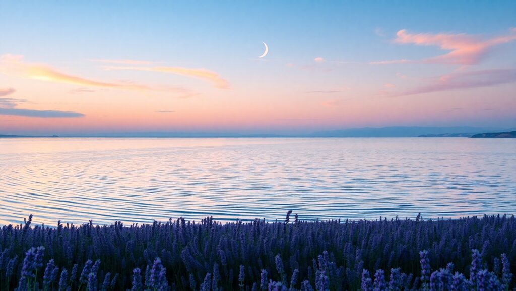 Tranquil Lavender Lake at Dusk – free AI stock image