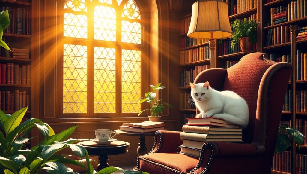 Tranquil Library Afternoon Escape – free AI stock image