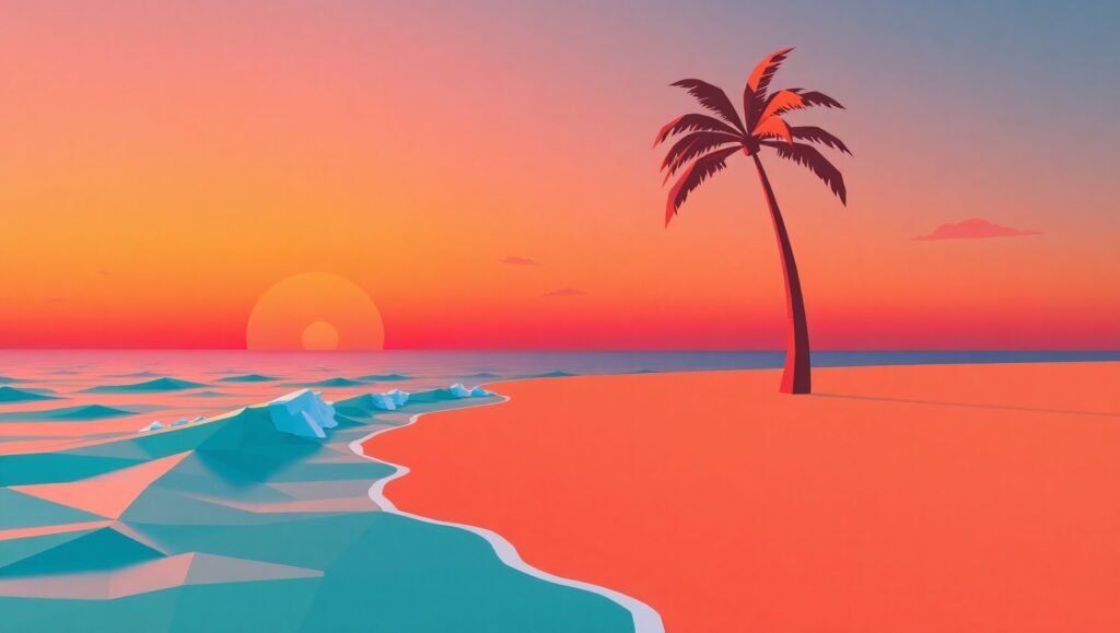 Tranquil Low-Poly Beach Sunset – free AI stock image