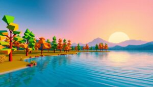 Tranquil Low-Poly Lake Landscape – free AI stock image