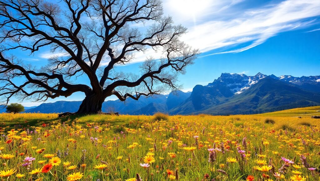 Tranquil Meadow with Distant Mountains – free AI stock image