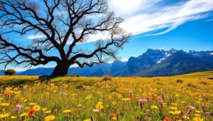 Tranquil Meadow with Distant Mountains – free AI stock image