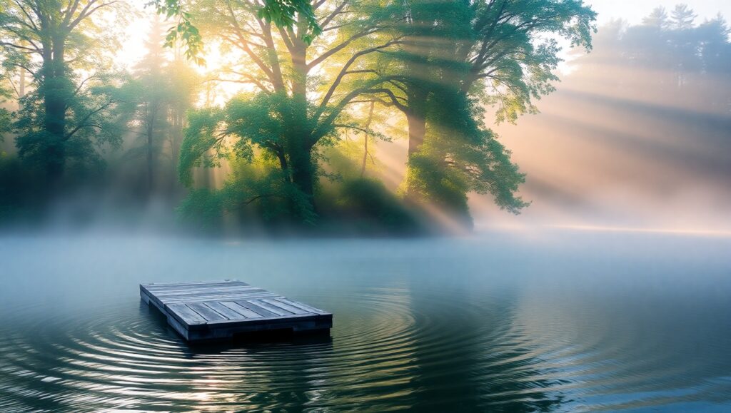 Tranquil Morning at Misty Lake – free AI stock image