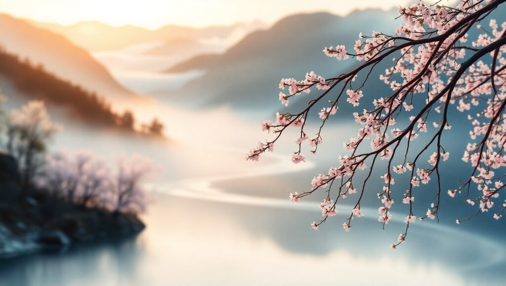 Tranquil Mountain Dawn in Ink Wash – free AI stock image