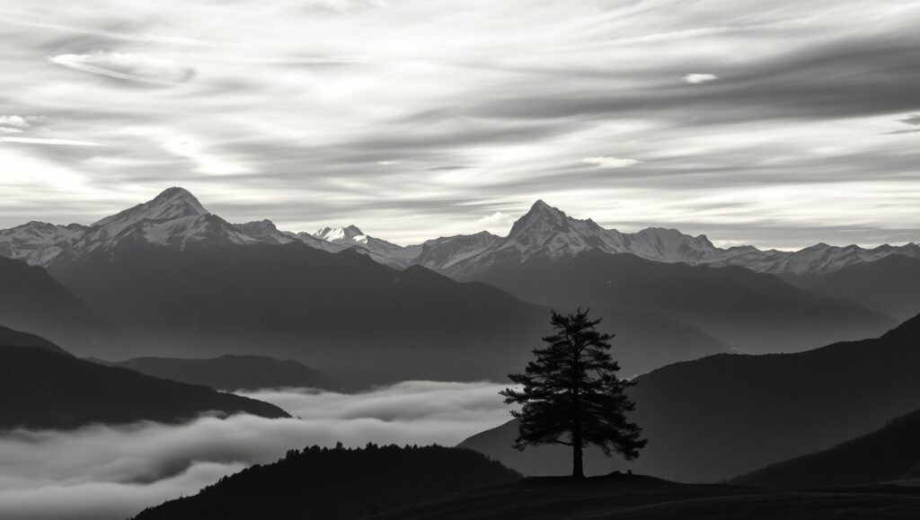 Tranquil Mountain Escape in Duotone – free AI stock image