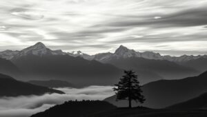 Tranquil Mountain Escape in Duotone – free AI stock image