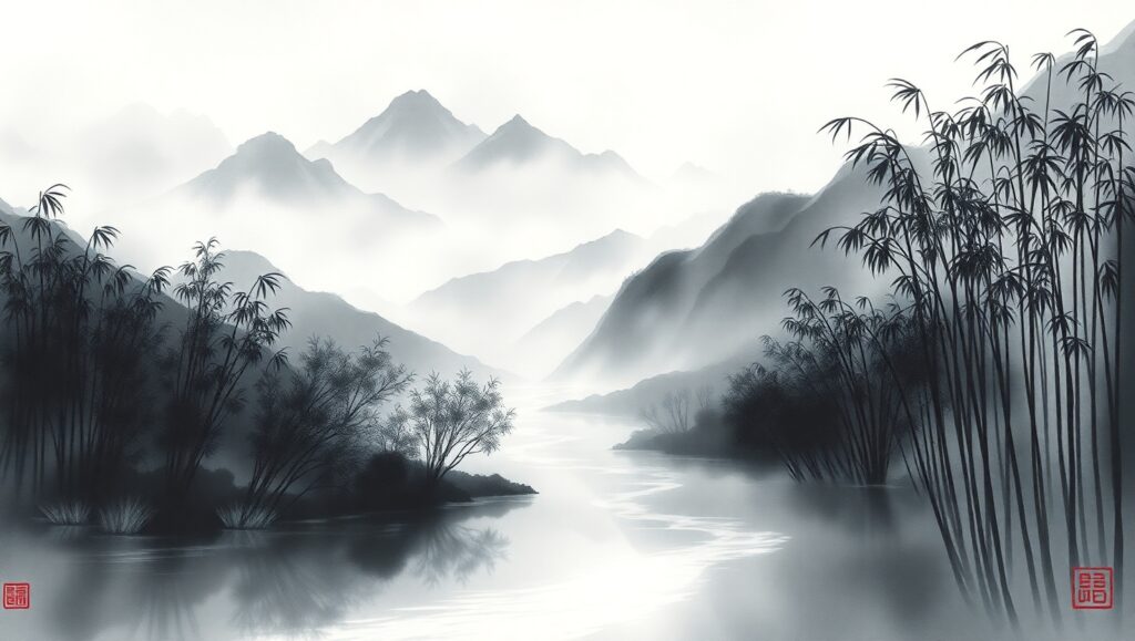 Tranquil Mountain Landscape in Ink Wash – free AI stock image