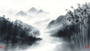 Tranquil Mountain Landscape in Ink Wash – free AI stock image