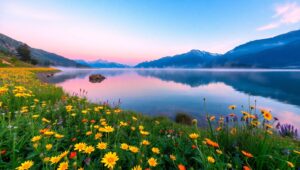 Tranquil Mountain Reflection at Dawn – free AI stock image