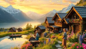 Tranquil Mountain Village at Sunset – free AI stock image
