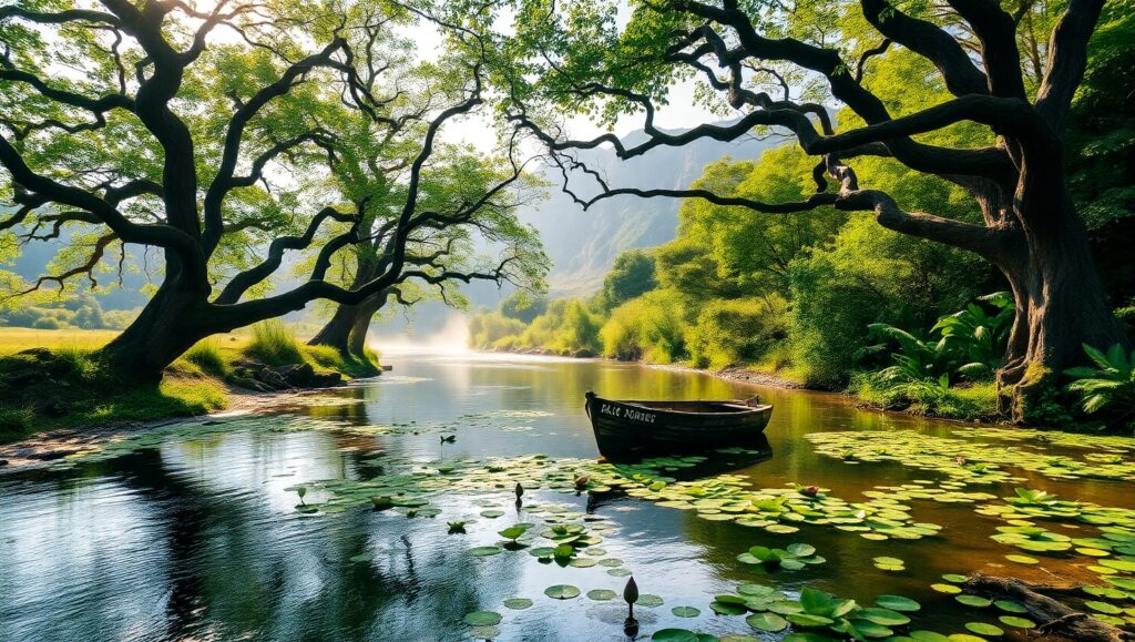 Tranquil River Amidst Ancient Trees – free AI stock image