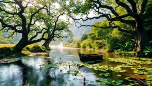 Tranquil River Amidst Ancient Trees – free AI stock image