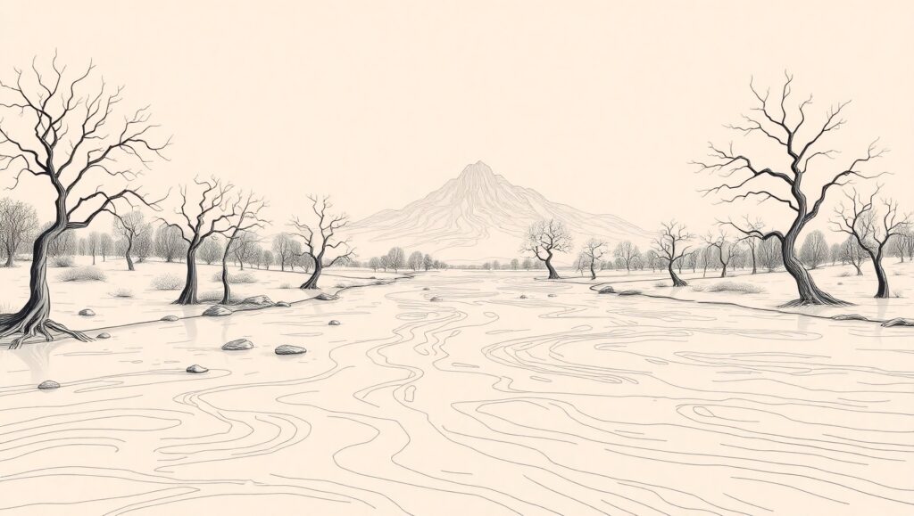 Tranquil River and Mountain Line Art – free AI stock image