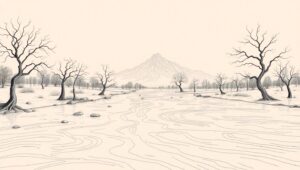 Tranquil River and Mountain Line Art – free AI stock image
