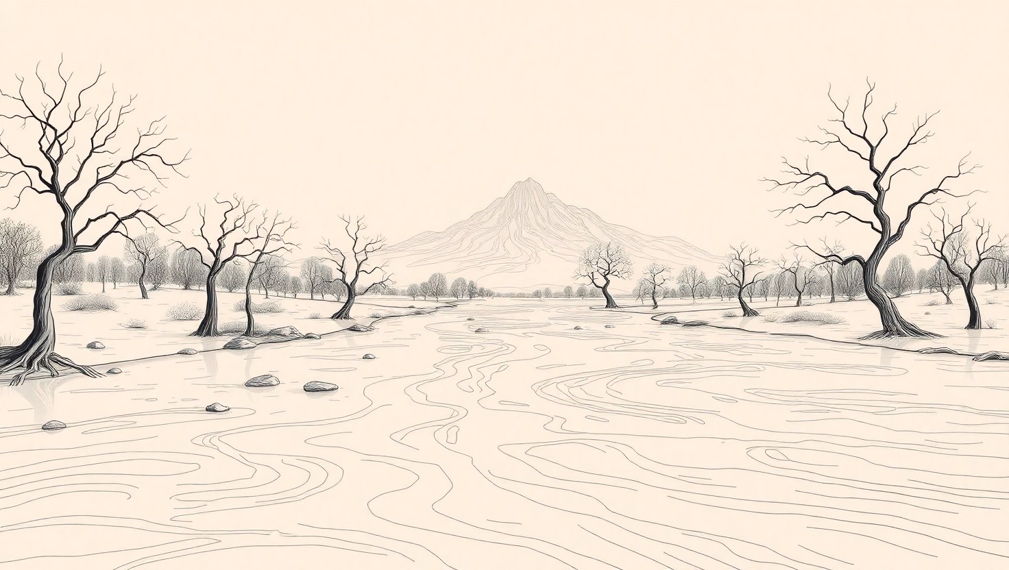 Tranquil River and Mountain Line Art – free AI stock image