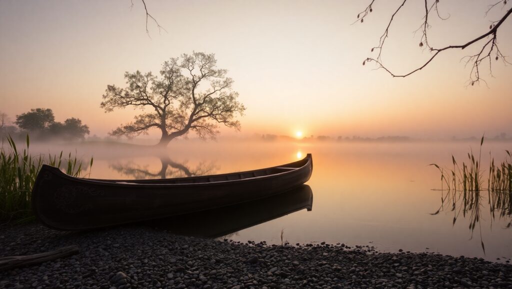 Tranquil Sunrise Over a Lake 9GS – free AI stock image