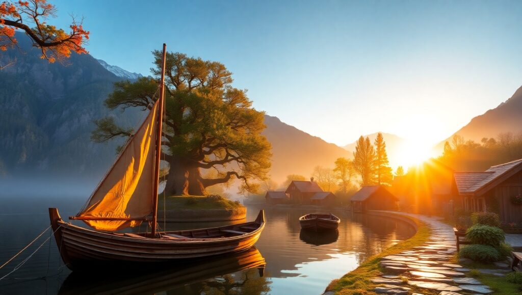 Tranquil Sunrise Over Lakeside Village – free AI stock image
