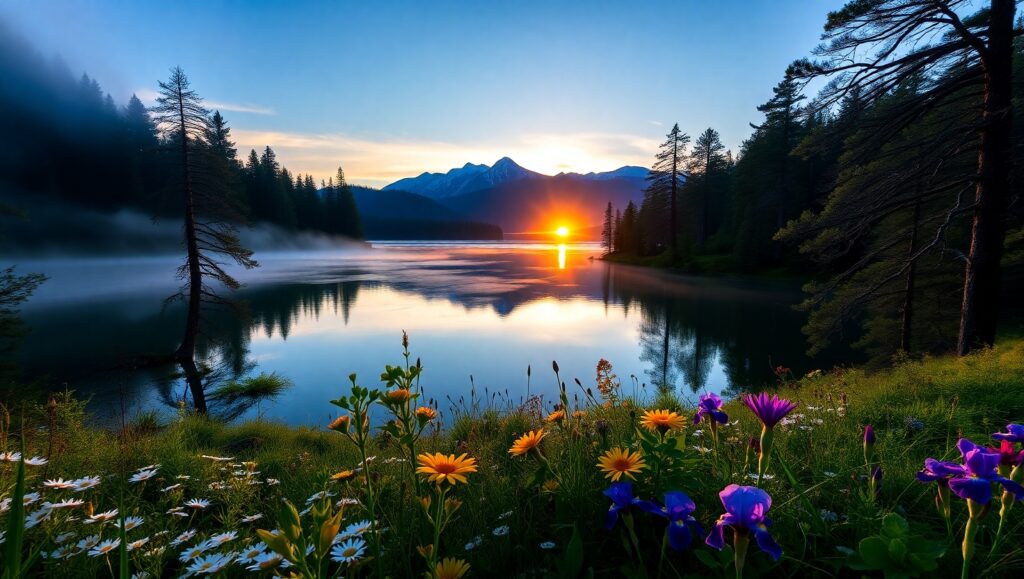 Tranquil Sunrise Over Mountain Lake – free AI stock image