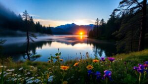 Tranquil Sunrise Over Mountain Lake – free AI stock image