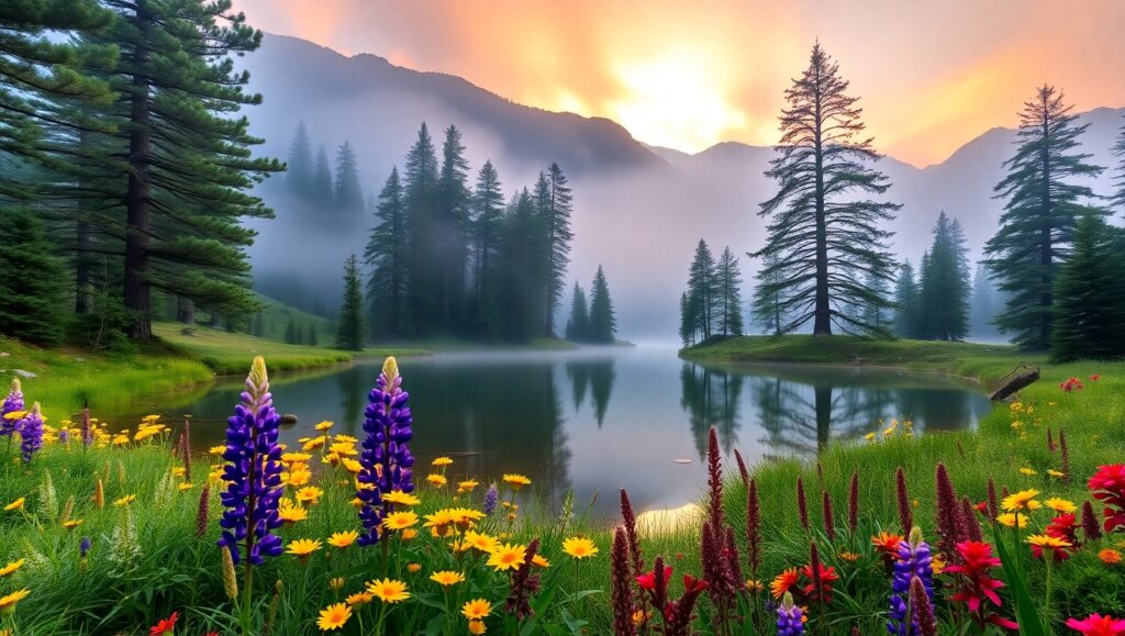 Tranquil Sunrise Over Mountain Lake s83 – free AI stock image