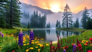 Tranquil Sunrise Over Mountain Lake s83 – free AI stock image