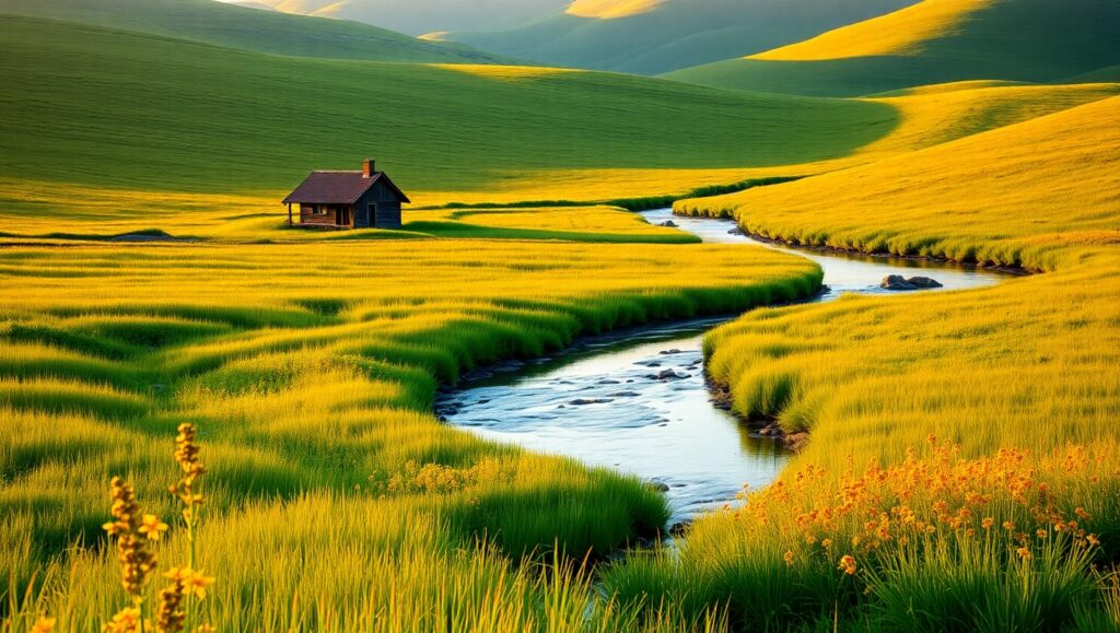 Tranquil Sunrise Over Rural Landscape – free AI stock image