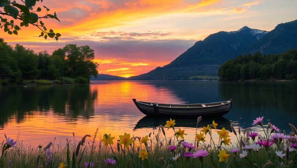 Tranquil Sunset Over Calm Lake 8CY – free AI stock image
