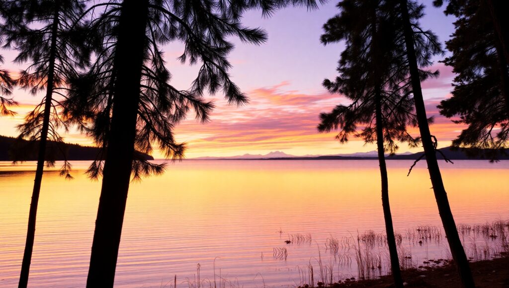 Tranquil Sunset Over Calm Lake – free AI stock image