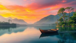 Tranquil Sunset Over Flat Lake – free AI stock image