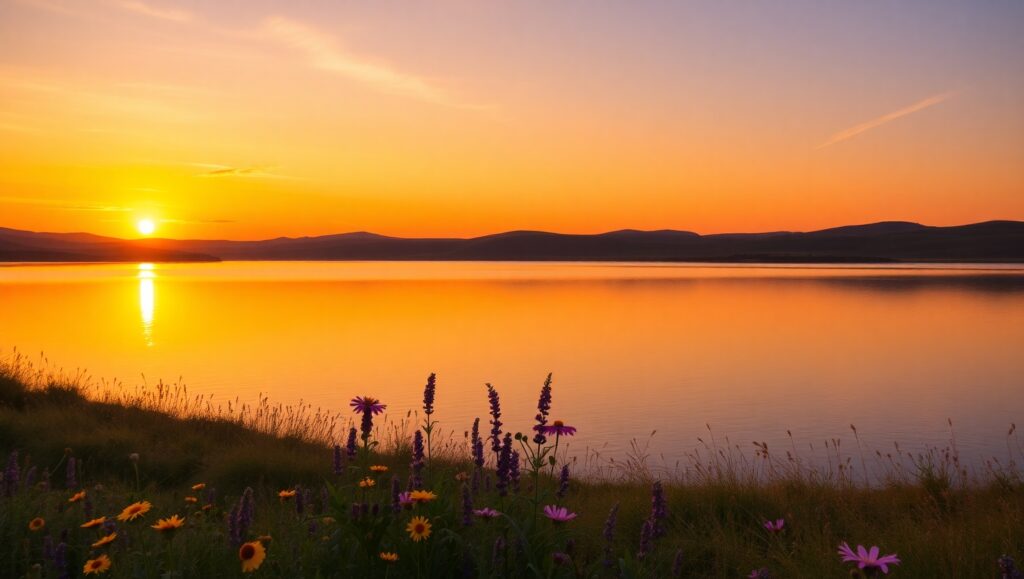 Tranquil Sunset Over Serene Hills – free AI stock image